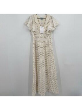 Antik Batik Cream Eyelet Lace Jada Maxi Dress size XS 36 Flutter Sleeve Ruffle